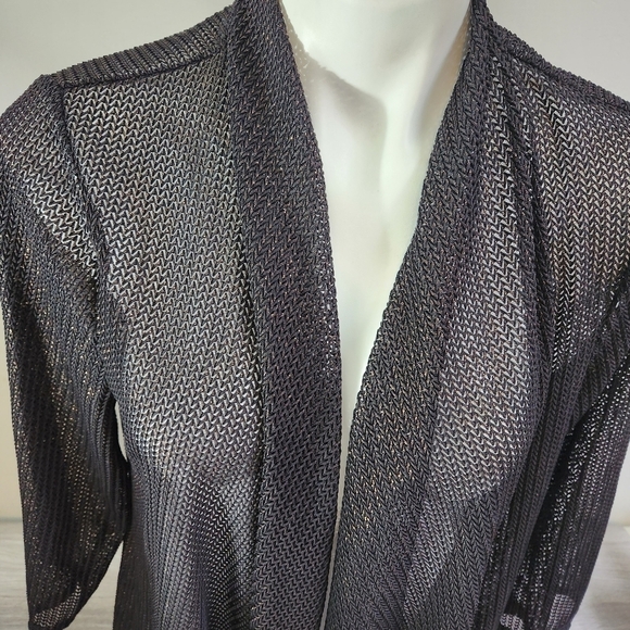 Chico's Black Metalic Copper Cardigan 1 Asymetrical‎ Waterfall Net Mesh Two Tone - Picture 9 of 10
